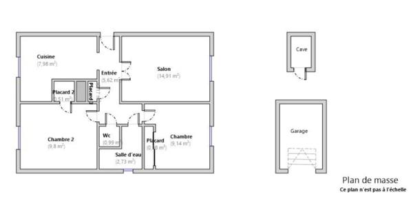 LA RICAMARIE - Appartement 3 pièces en rez-de-chaussée de 52,83 m², 2 chambres, cave et grand garage