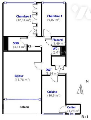 T3 traversant 1er étage, ascenseur, cave et garage