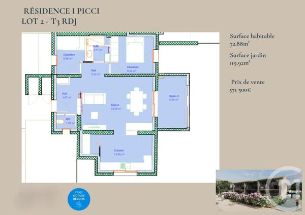 Appartement T3 à vendre  3 pièces - 72,88 m2 LUMIO - 202