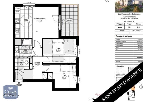 Location appartement Schiltigheim (67300) 3 pièces 58.5m²
