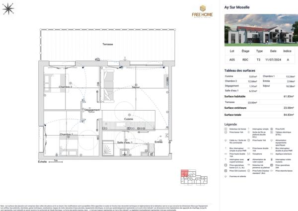 Ay-sur-Moselle – T3 de 61 m² avec terrasse de 23m², cave et stationnement en sous-sol