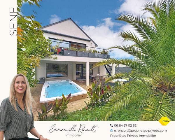 Maison contemporaine d'exception de 172 M² à Séné : 5 chambres, double garage, jardin paysagé de 1180 M², piscine-spa. Emplacement premium et possibilités d'extensions