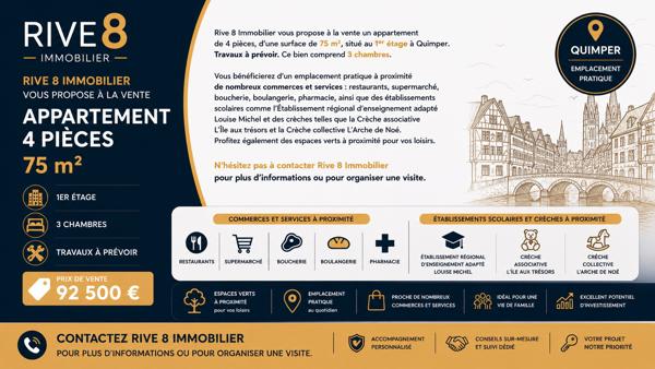Appartement 5 pièces Centre ville de Quimper - 92 500 € Toiture et cage d'escalier remis a neuf. , Quimper