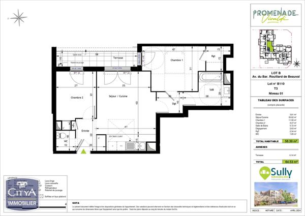 Appartement à vendre 3 pièces 58.39m²