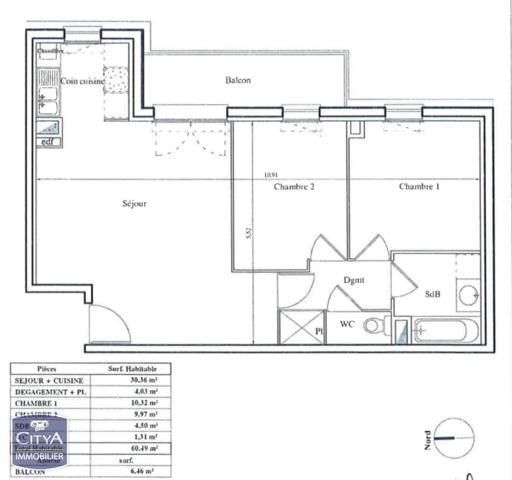 Appartement à vendre 3 pièces 60.49m²
