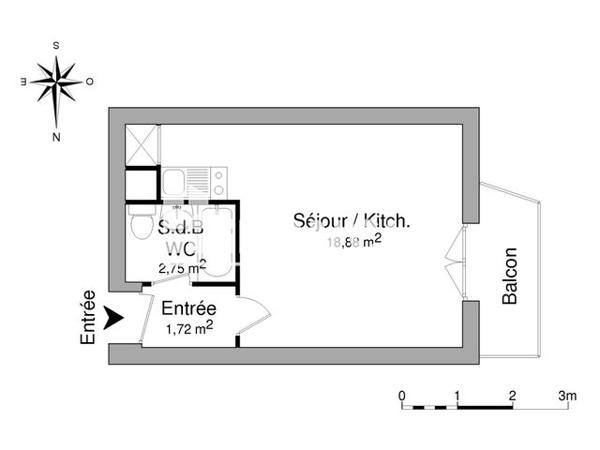 Location Studio 23.35 m² - 6 PAILLETTE Rennes 35000
