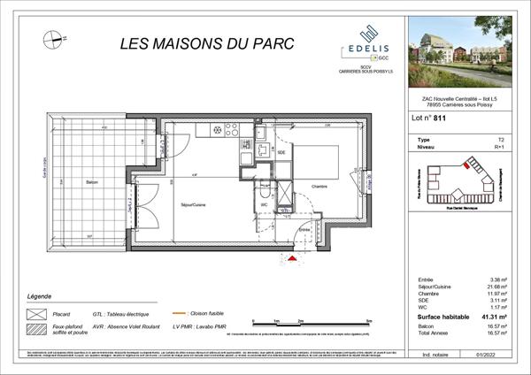 Appartement 2 pièce(s) 41.31 m2 Loyer 841 €/mois charges comprises **  - Référence  9205