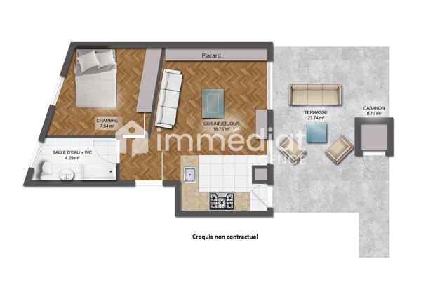 Deux pièces, terrasse 25m², centre-ville