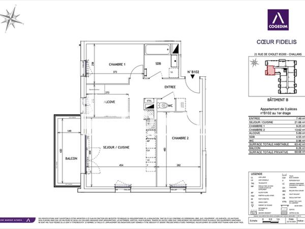 Location Appartement 3 pièces 63.42 m² - 21 RUE DE CHOLET Challans 85300