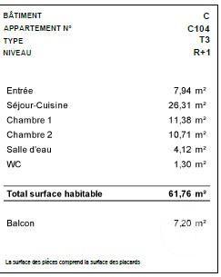 Appartement T3 à vendre  3 pièces - 61,76 m2 ARZON - 56