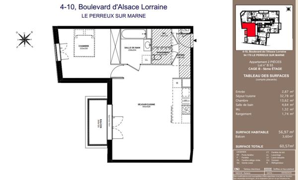 Appartement Perreux 2 pièces 56,97 m2