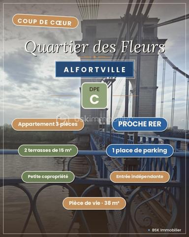 Quartier des Fleurs - Alfortville

Deux terrasses de 15 m², une pièce de vie d'environ 38 m², un DPE C et le RER à seulement quelques minutes à pied : 
Découvrez ce bel appartement traversant en souplex de 69,50 m² Carrez (72 m² environ au sol), doté de son entrée indépendante comme une maison. 
Cadre de vie aussi confortable qu'agréable.

Le bien, comprenant une place de parking privée sécurisée, est proposé au prix global de 359 900 €. 
Une deuxième place de parking privée et sécurisée est également disponible à l'achat en supplément pour les acquéreurs souhaitant un stationnement additionnel.

L'appartement séduit par sa spacieuse pièce de vie de près de 38 m², ouverte sur sa belle terrasse orientée Ouest sans vis-à-vis, un véritable espace de vie extérieur parfait pour partager des repas, se détendre ou profiter des beaux jours. Sa configuration lui assure également une agréable fraîcheur en période estivale.

L'espace nuit comprend deux chambres desservies par une terrasse et un balcon et une salle de bain avec WC.

Situé au sein d'une petite copropriété entièrement rénovée en 2020 et bien entretenue, cet appartement bénéficie d'un DPE classé C, un véritable atout en matière de confort et de maîtrise des consommations énergétiques.

Au bord de Paris, très recherché, le Quartier des Fleurs offre un environnement pavillonnaire calme tout en restant à proximité immédiate de toutes les commodités. La gare RER D Maisons-Alfort -- Alfortville est accessible en moins de 10 minutes à pied. La ligne 8 est à moins de 25 min à pied et la future ligne 15 courant 2027 sera à moins de 15 min à pied. 
Vous profiterez également des commerces, des écoles de la maternelle au lycée, ainsi que d'agréables promenades le long des bords de Seine.

Opportunité rare sur le secteur, à découvrir sans tarder.
Contactez-moi dès maintenant pour organiser une visite.