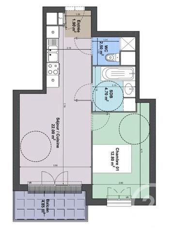 Appartement F2 à vendre  2 pièces - 43,90 m 2   THIAIS  - 94