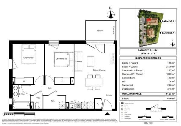 Appartement T3 à vendre  3 pièces - 61,09 m 2   GUJAN MESTRAS  - 33