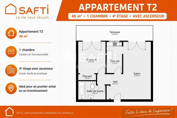 Appartement T2 de 46m2 entièrement rénové - Terrasse 13m2 plein sud vue dégagé + Cave
