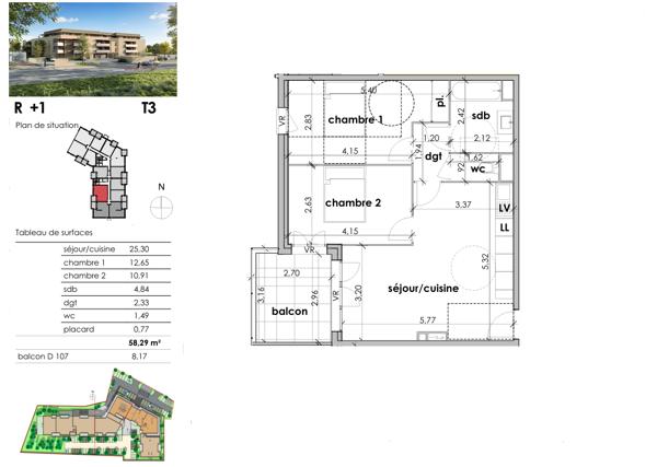 SAUVIAN. T3 PREMIER ÉTAGE 58 M², BALCON OUEST 8 M² ET PARKING