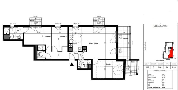 A vendre T4 -91,60 m² DERNIER ETAGE dans résidence Neuve Livrée avec deux balcons