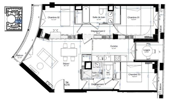 appartement T4 neuf à vendre PARIS 14e, surface hab. 82.40 m2 + loggia 4.50 m2 + balcons 6.90 m2.