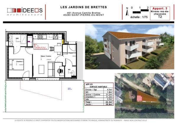 Appartement RDC 2 pièces (RE 2020) avec jardinet au centre de SAINT PIERRE DU MONT (40) - Prestations de qualité