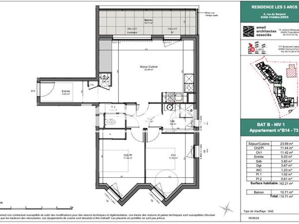 Location Appartement 3 pièces 62.21 m² - 24 AVENUE MASSENET Chamalieres 63400