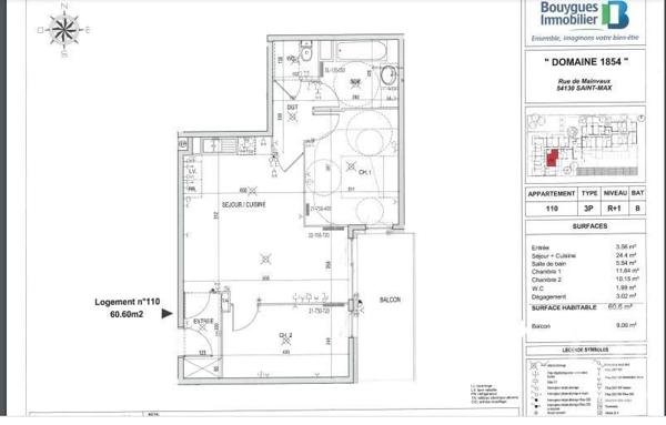 Appartement F3 à vendre  3 pièces - 59 m2 ST MAX - 54