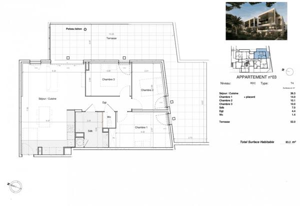 Appartement T4 de plus de 82 m² avec terrasse d'angle de 52 m² exposée Sud-Est, proche Espace BRASSENS