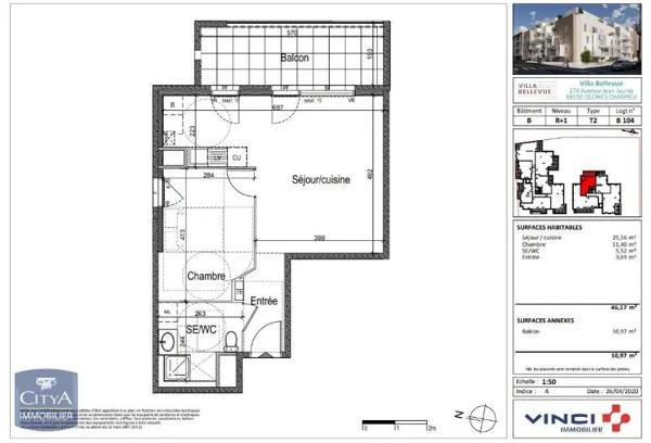 Appartement à louer 2 pièces 46.17m² Décines-Charpieu (69150)