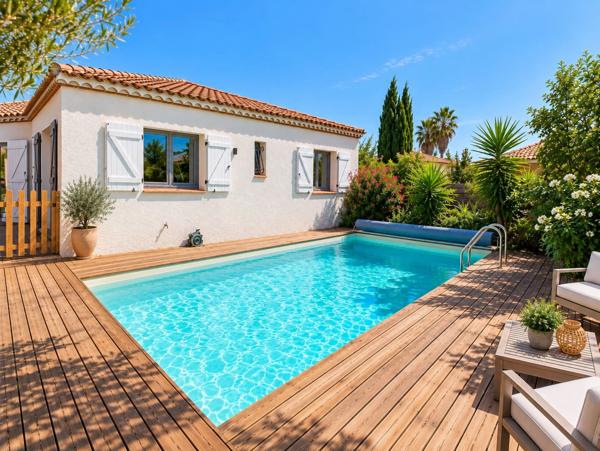 PORTIRAGNES- Villa 4 faces de plain-pied – 5 chambres, piscine et jardin intimiste