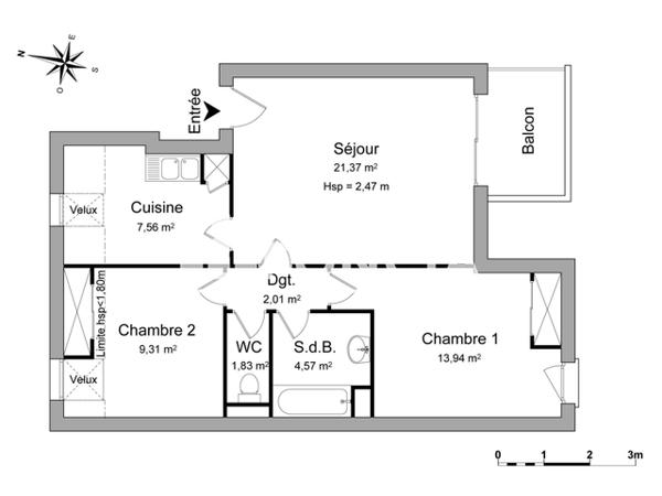Location Appartement 3 pièces 60.59 m² - 47 BOULEVARD JEAN MONNET Reze 44400