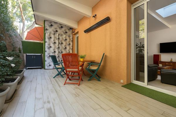 A vendre à Bandol : Charmant T2 de 2017 en rez-de-jardin, au calme, plage privée & tennis