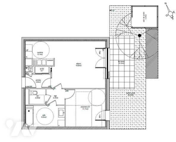 BEZANNES appartement en rez-de-jardin de type deux pièces principales, 50 m² surface habitable