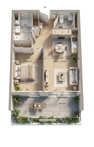 Corniche de Sète. T2 de standing, Terrasse avec jardinière 17 m² Sud, Bord de Mer