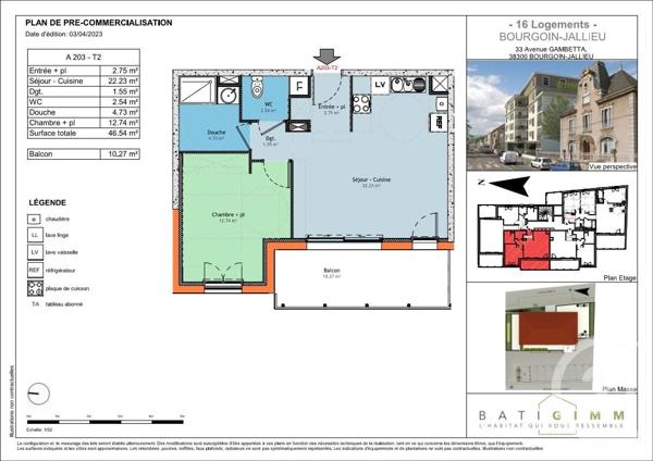 Appartement T2 à vendre  2 pièces - 46,54 m2 BOURGOIN JALLIEU - 38