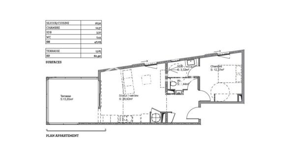T2 de 60.90 m² de surface utile - Les terrasses du Marin
