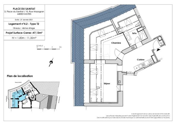 Appartement exposé sud avec balcon Bouguenais 4 pièce(s) 61 m2