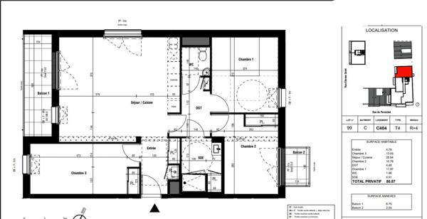 A vendre T4 -80,87 m² dans résidence Neuve Livrée avec deux balcons