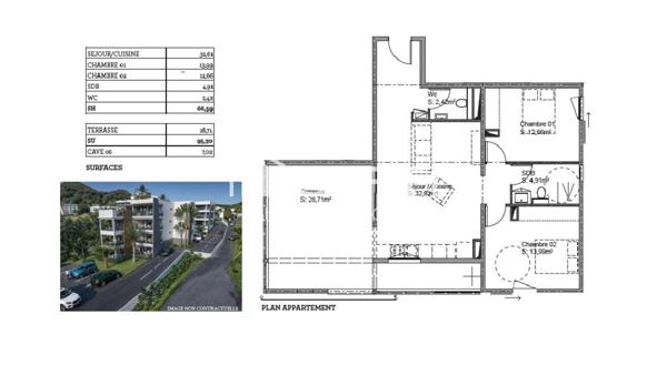 Appartement T3 , 95.30 m² de surface utile, cave et place de parking
