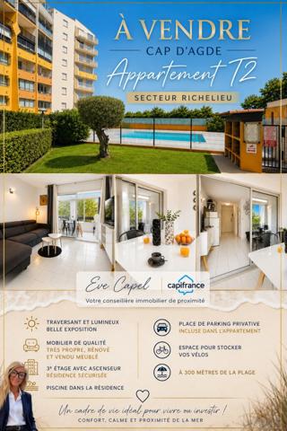 Appartement à vendre 2 pièces LE CAP D'AGDE (34), appartement avec 1 chambre, loggia fermée, avec parking privatif, ascenseur et piscine