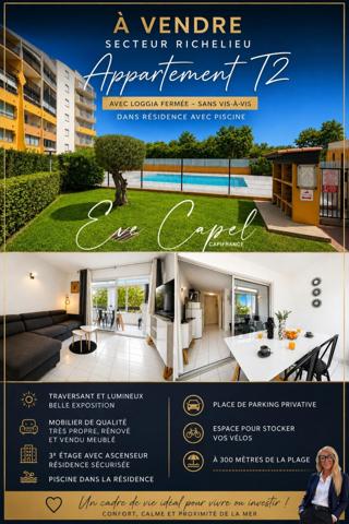 Appartement à vendre 2 pièces LE CAP D'AGDE (34), appartement avec 1 chambre, loggia fermée, avec parking privatif, ascenseur et piscine