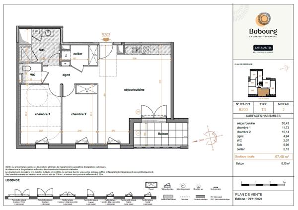 Vente appartement 3 pièce(s) 64 m²