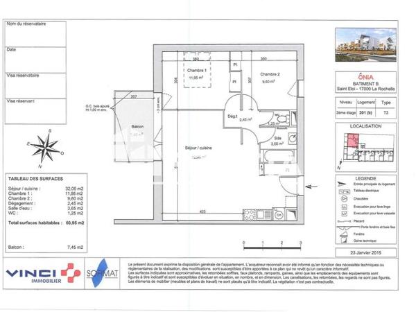 Location Appartement 3 pièces 60.95 m² - 1 RUE JEANNE DEROIN La Rochelle 17000