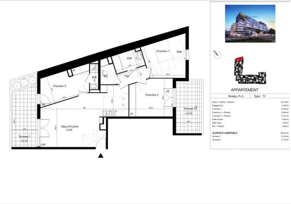 T4 86 m² troisième étage avec  deux terrasses, Béziers (Avenue du Président Wilson)