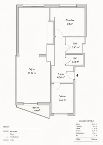 Appartement F2/3 à vendre  3 pièces - 54,62 m 2   COLOMBES  - 92