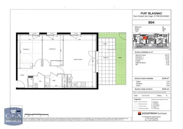 Appartement à louer 3 pièces 63.94m² Blagnac (31700)