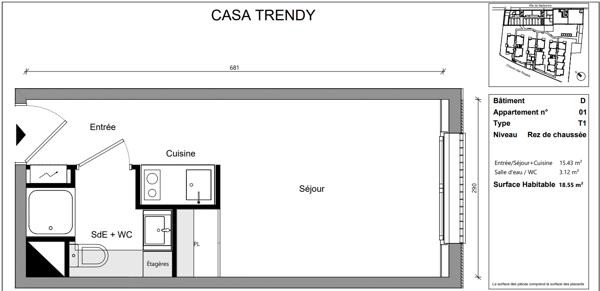 Appartement 1 pièce 18.5 m2