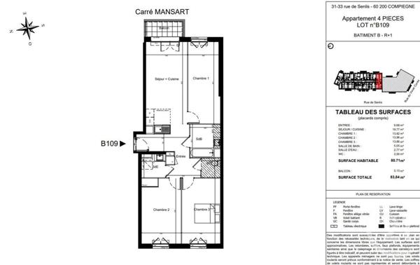 Appartement F4 à vendre  4 pièces - 80,71 m2 COMPIEGNE - 60