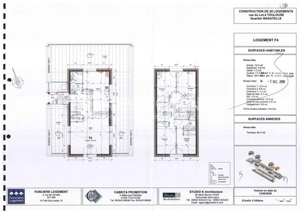Quartier BAGATELLE  Agréable T5 Duplex récent (2012) 116.9m²  double exposition 2 Terrasses de  69.6m² et de 15.7m²   , 2 garages en sous sol , 1 cave