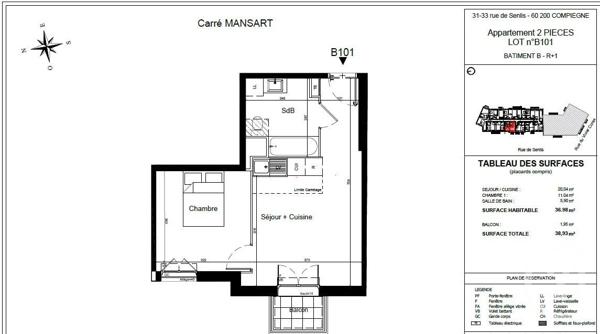 Appartement F2 à vendre  2 pièces - 36,98 m2 COMPIEGNE - 60