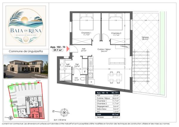 LINGUIZZETTA – MARINE DE BRAVONE – T3, 59.70 m² AVEC GRANDE TERRASSE – RÉSIDENCE BAIA DI RENA