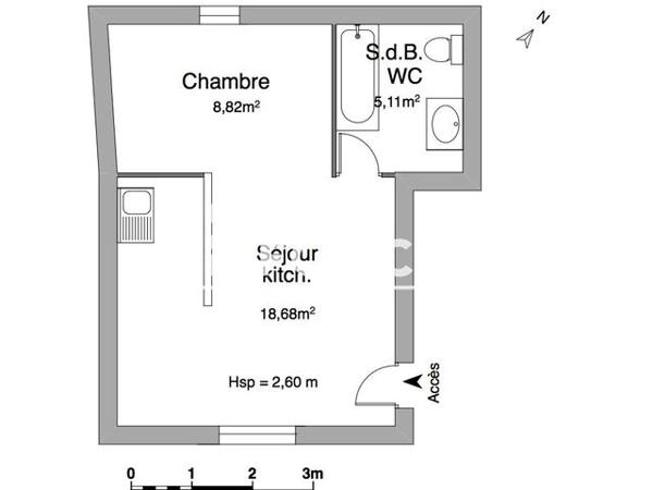Location Studio 32.6 m² - 18 RUE DES DEUX PONTS Cholet 49300